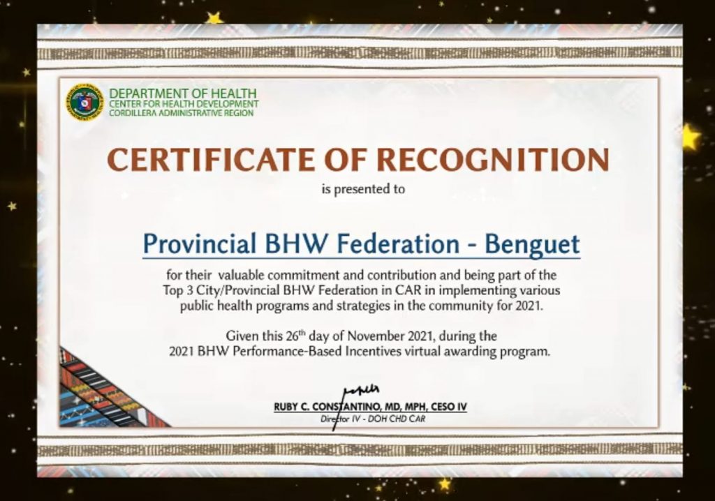 November 26, 2021 - congratulations to the BHW Federation of the Province of Benguet