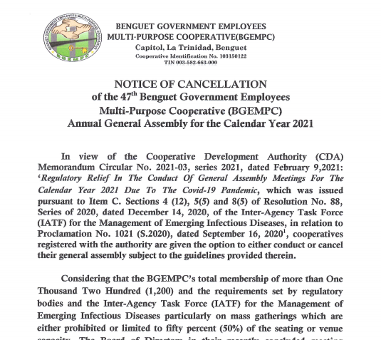 47th BGEMPC Annual General Assembly canceled